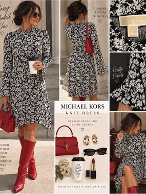 Michael Kors Black and White Floral Mini knit Dress